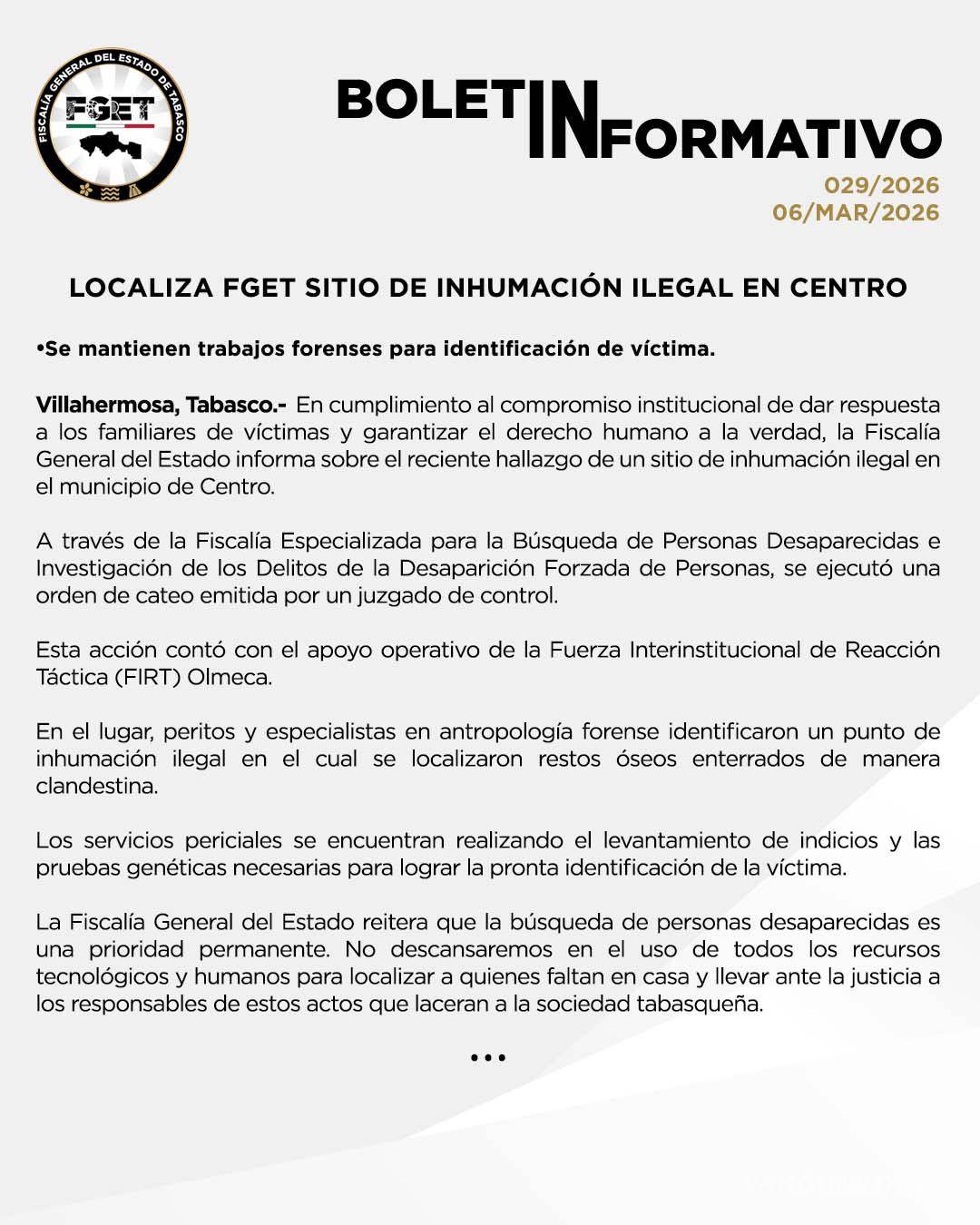 $!Fiscalía de Tabasco halla sitio clandestino de inhumación con restos óseos en Centro