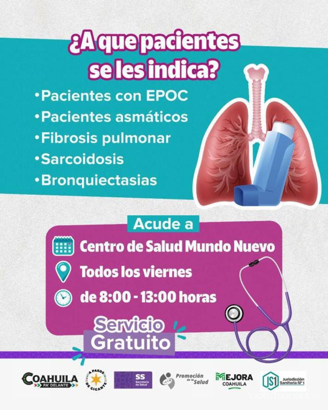 $!El área de micobacteriosis de la Jurisdicción Sanitaria 01, invita a la población a aprovechar las jornadas de espirometrías gratuitas que se llevarán a cabo en el Centro de Salud número 9 en Piedras Negras.
