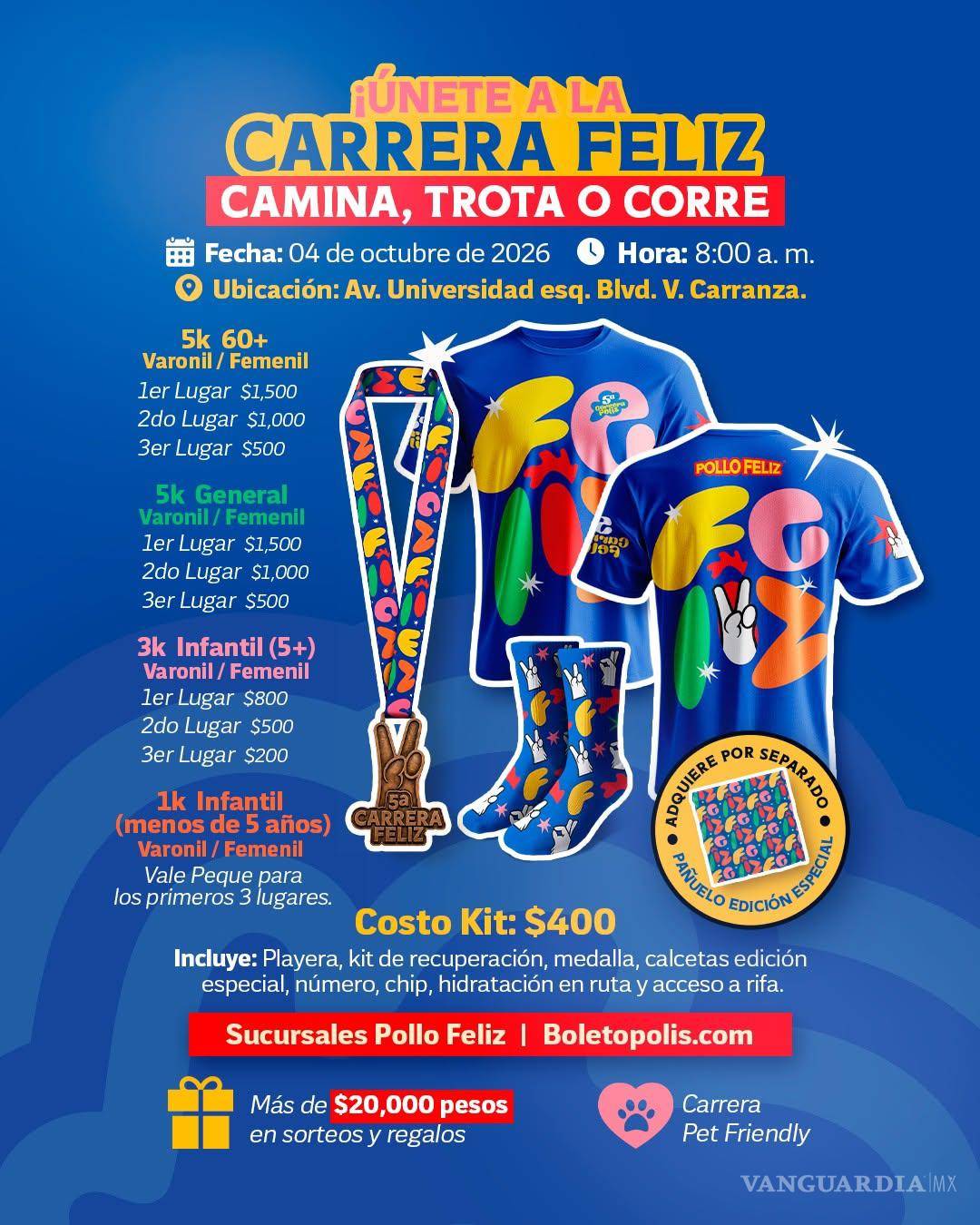$!La Carrera Feliz “Camina, Trota o Corre” se celebrará el 4 de octubre con un kit de 400 pesos que incluye playera, medalla, calcetas especiales, chip, hidratación y acceso a una rifa.