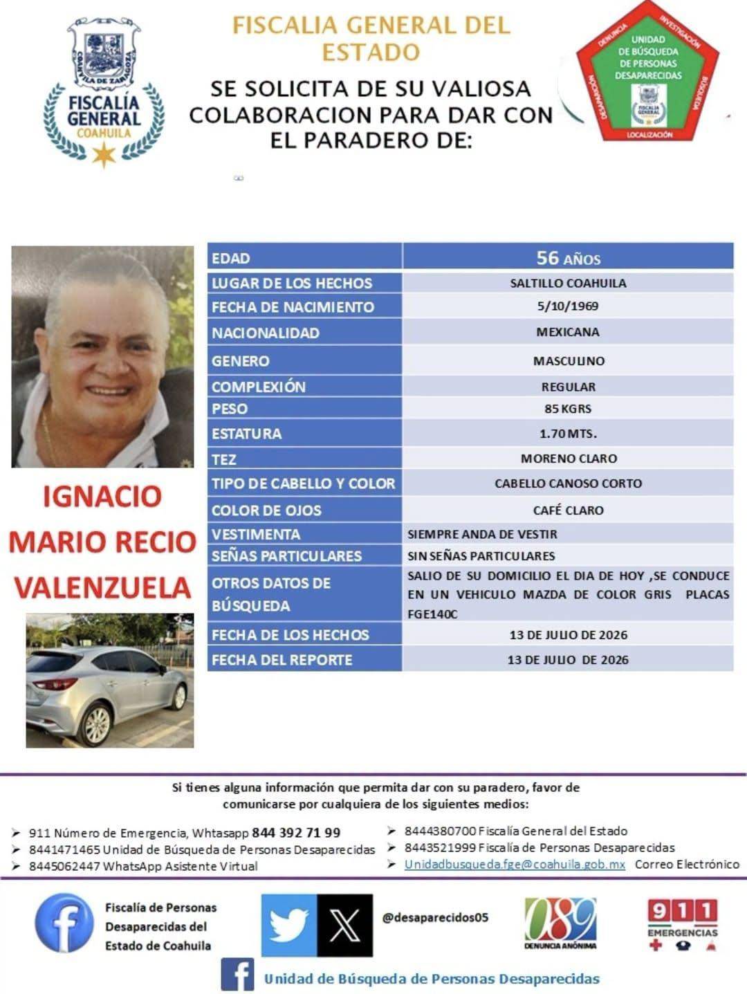 $!La Unidad de Búsqueda de Personas Desaparecidas difundió la ficha y pidió a la ciudadanía aportar cualquier información que ayude a localizarlo.