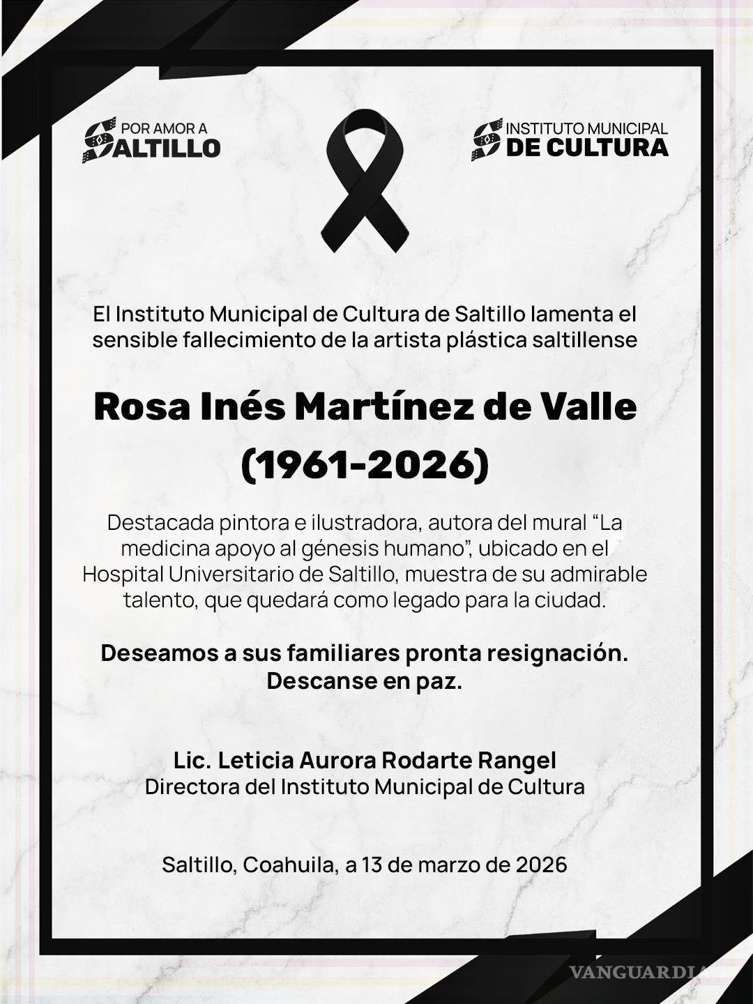 $!La comunidad cultural de Coahuila lamentó la muerte de la pintora e ilustradora, reconocida por su defensa del patrimonio artístico local.