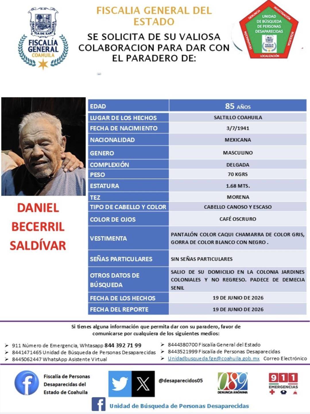 $!La Unidad de Búsqueda de Personas Desaparecidas mantiene activo el protocolo correspondiente, luego de que el hombre fuera reportado como no localizado desde el 19 de junio de 2026.