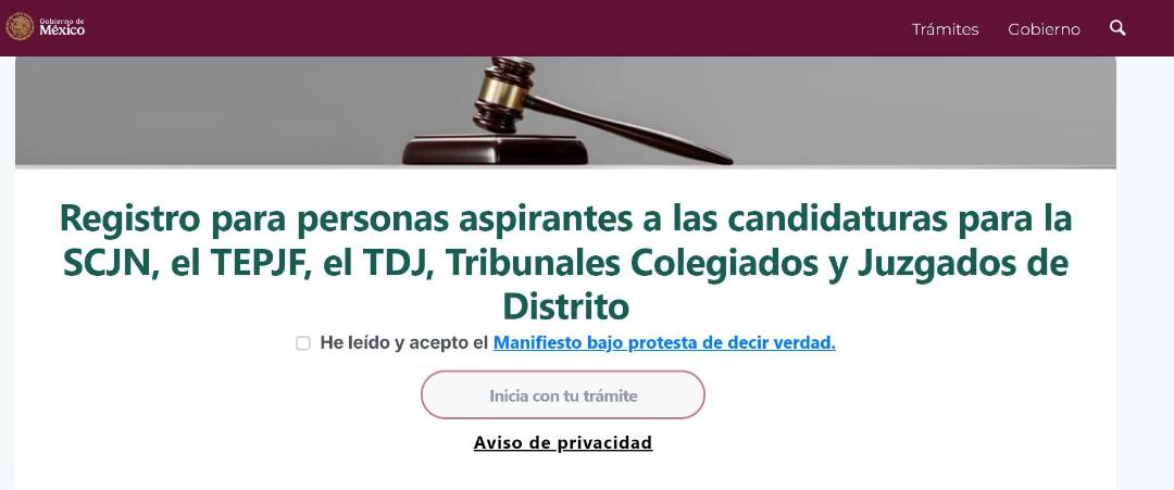 $!Así luce el sitio que el Poder Ejecutivo publicó para que los interesados puedan registrarse al proceso para selección de jueces, ministros y magistrados del Poder Judicial | Foto: Especial