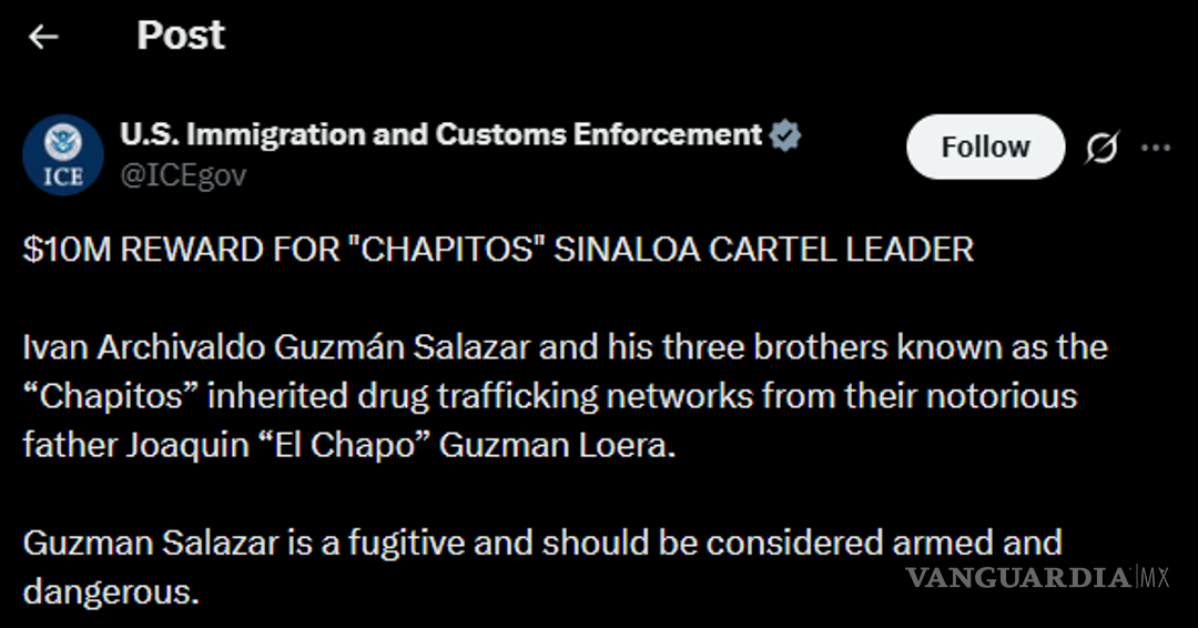 $!ICE ofrece 10 millones de dólares por Iván Archivaldo, líder de Los Chapitos e hijo del ‘Chapo’ Guzmán