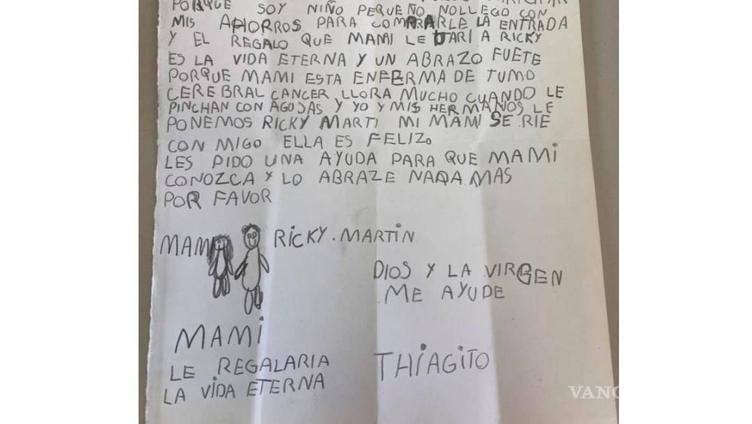 $!Su mamá tiene cáncer y es fan de Ricky Martin, por eso Thiago escribe carta para que lo ayuden a que su madre conozca al cantante