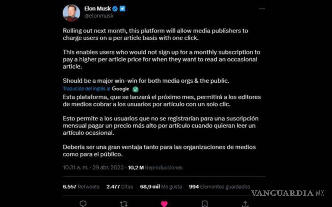 $!Medios podrán cobrar a usuarios por sus artículos en Twitter, anuncia Elon Musk