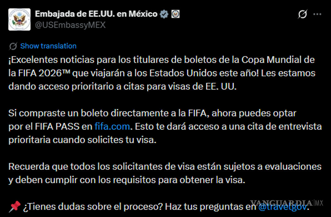 $!Mundial 2026: Embajada de EU abre citas prioritarias para tramitar la visa con FIFA PASS