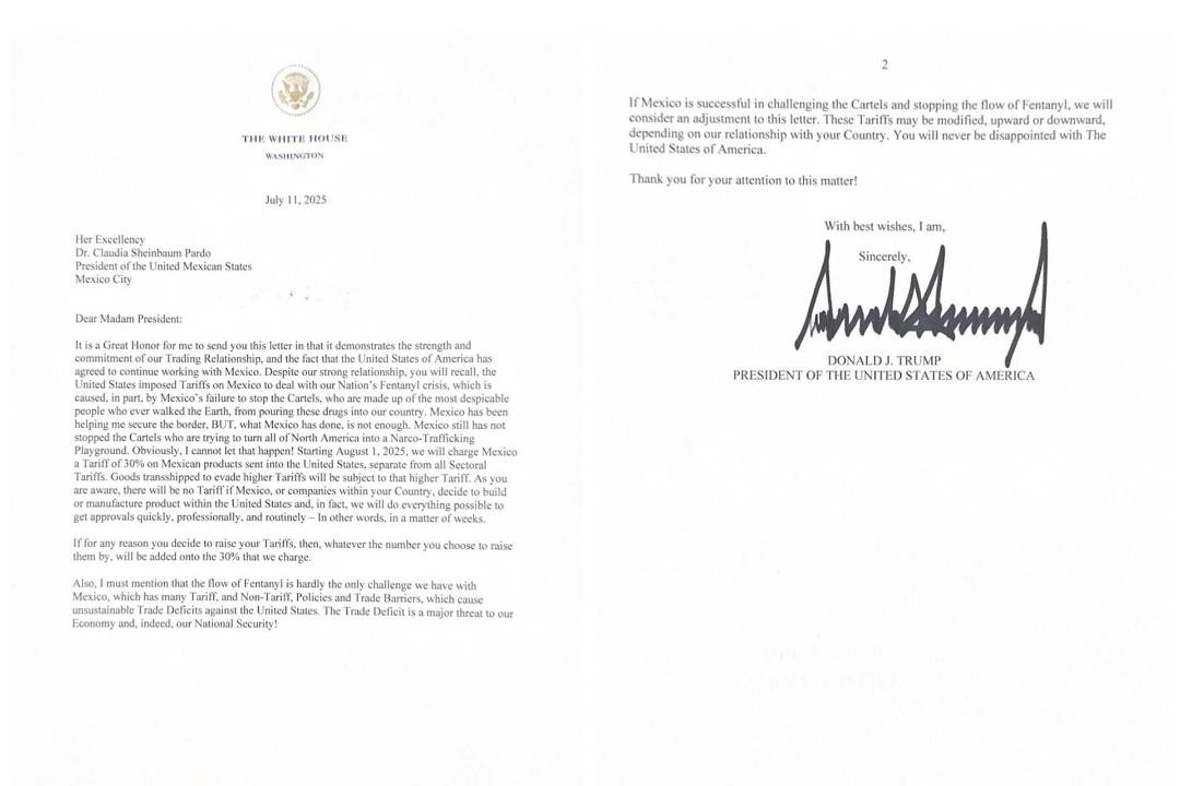 $!Imagen tomada de la red social Truth Social @realDonaldTrump de una carta enviada a su homóloga de México, Claudia Sheinbaum.