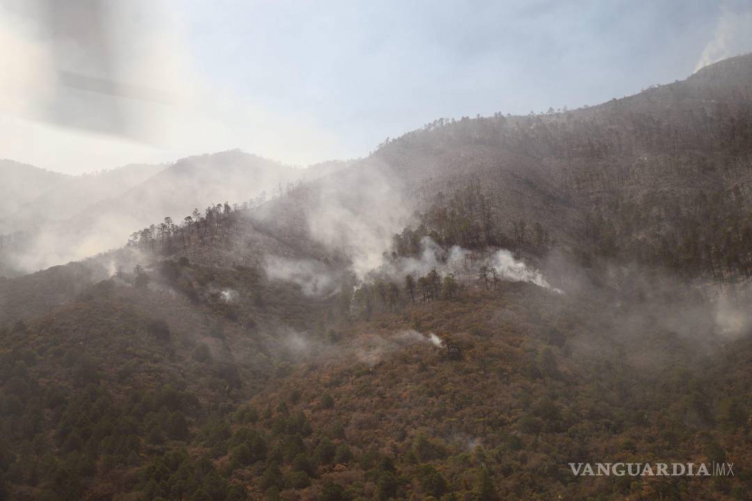$!Saltillo, Coahuila 19 de mayo de 2022. Continúa el fuerte incendio en el cañón de San Lorenzo, en la Sierra de Zapaliname.