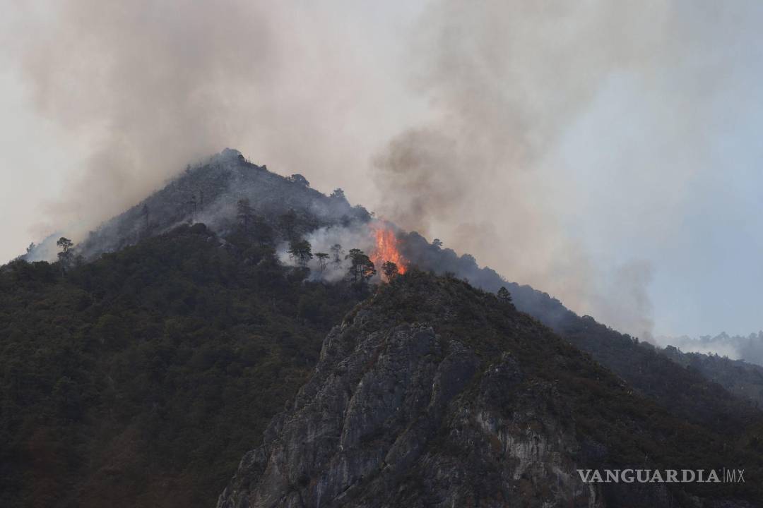 $!Saltillo, Coahuila 19 de mayo de 2022. Continúa el fuerte incendio en el cañón de San Lorenzo, en la Sierra de Zapaliname.