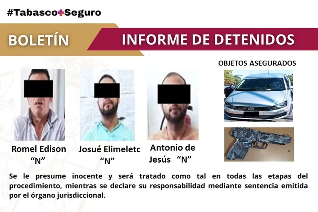 $!Fue detenido junto a otras dos personas identificadas como Romel Edison “N” y Antonio de Jesús “N”, a quienes se les incautó una camioneta y un arma de fuego