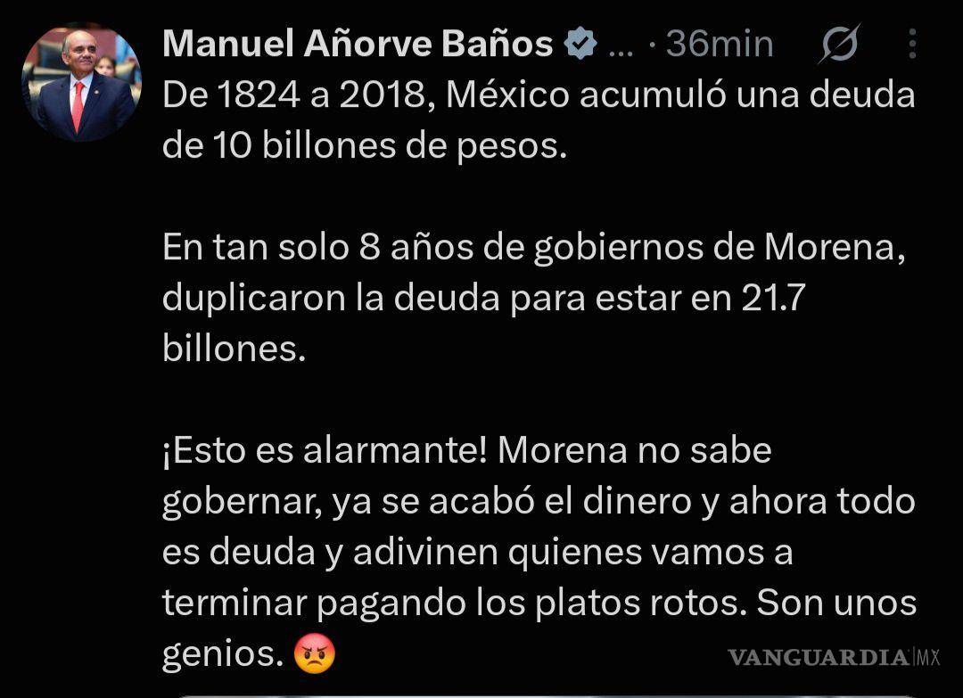 $!Tweet del coordinador del PRI Manuel Añorve Baños sobre la deuda pública durante el gobierno de Morena