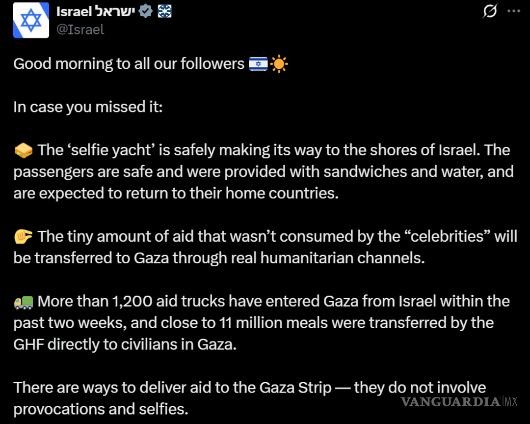 $!Israel detiene embarcación donde viajaba Greta Thunberg que buscaba entregar ayuda humanitaria a Gaza