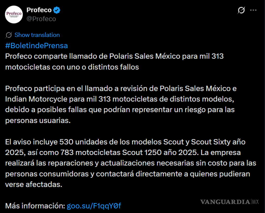 $!La Procuraduría Federal del Consumidor (Profeco) informó que Polaris Sales México e Indian Motorcycle iniciaron un llamado a revisión.