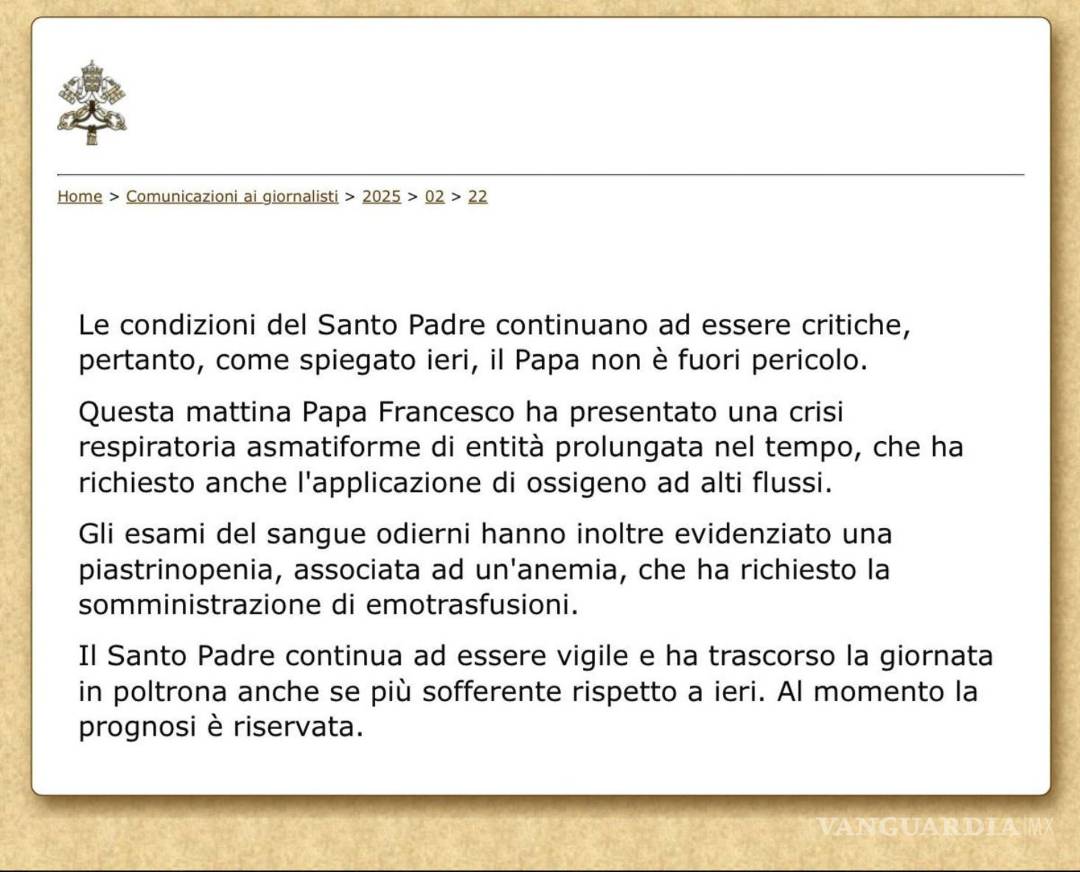 $!El papa Francisco permanece en estado crítico tras sufrir este sábado una crisis respiratoria por lo que se le tuvo que suministrar oxígeno.