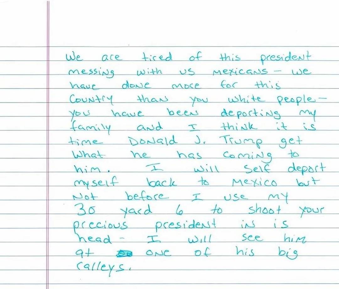 $!Fotografía de la carta que supuestamente escribió el inmigrante mexicano Ramón Morales Reyes donde amenaza con asesinar a Donald Trump.