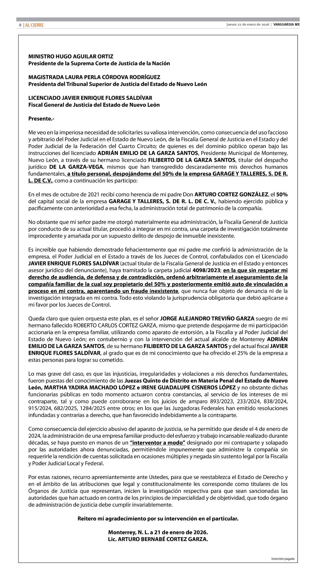 $!Acusa empresario regio de ser víctima de la misma red del caso VANGUARDIA; Fiscal y Alcalde de Monterrey niegan su participación