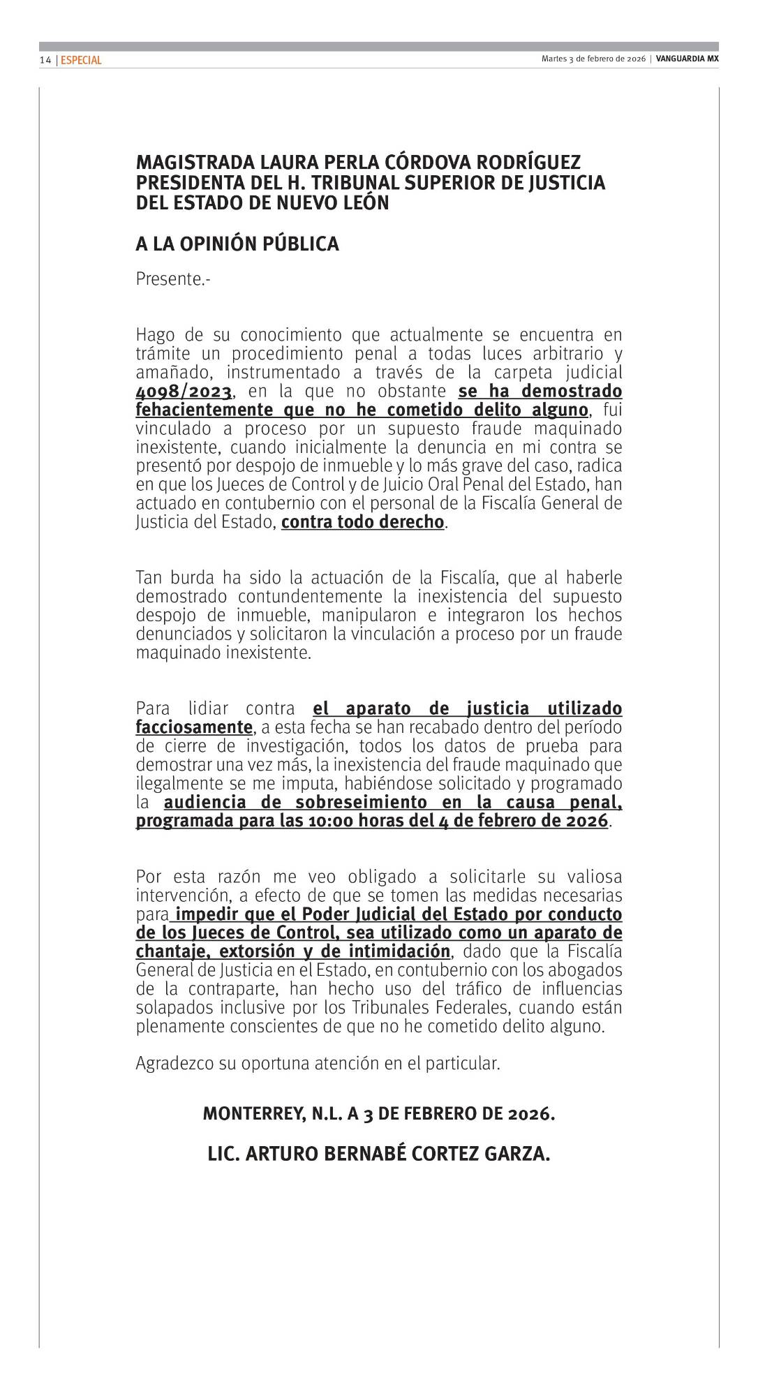$!Defensa legal de Arturo Cortez, dueño de Garage y Talleres, pide sobreseer su caso ante fabricación de pruebas de la Fiscalía y del Poder Judicial de NL