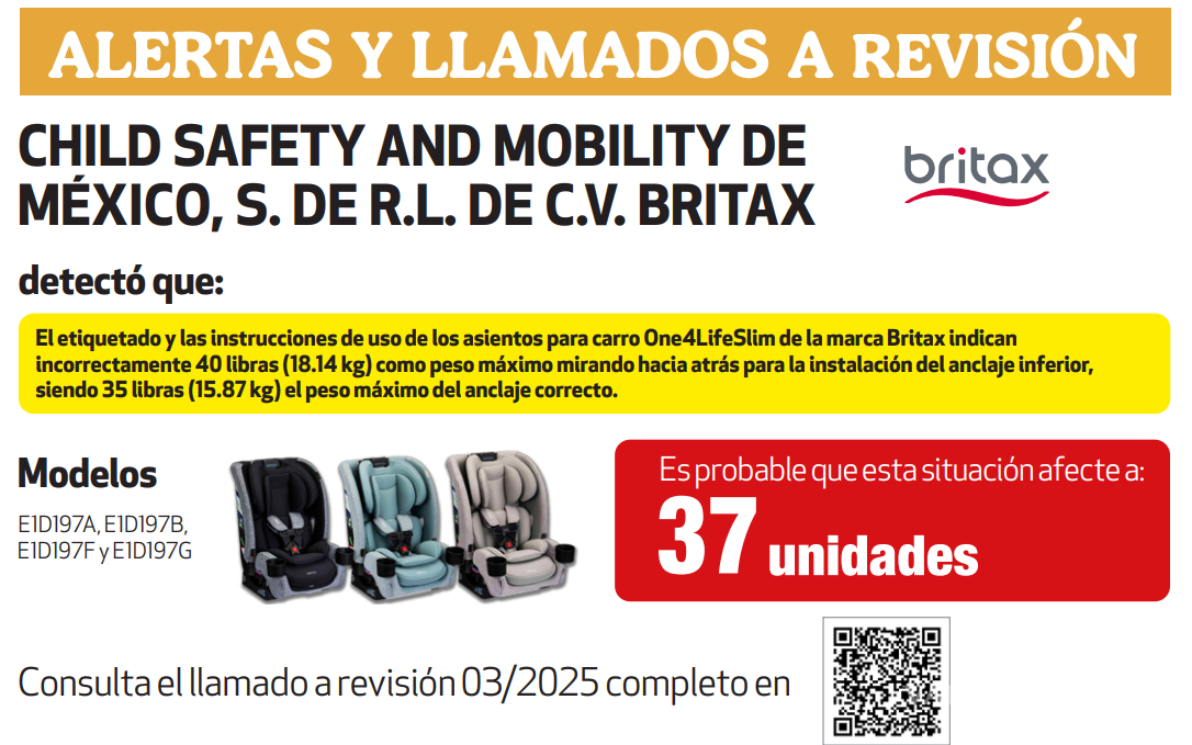 $!Profeco emite llamado a revisión para asientos infantiles Britax por error en el peso que soporta