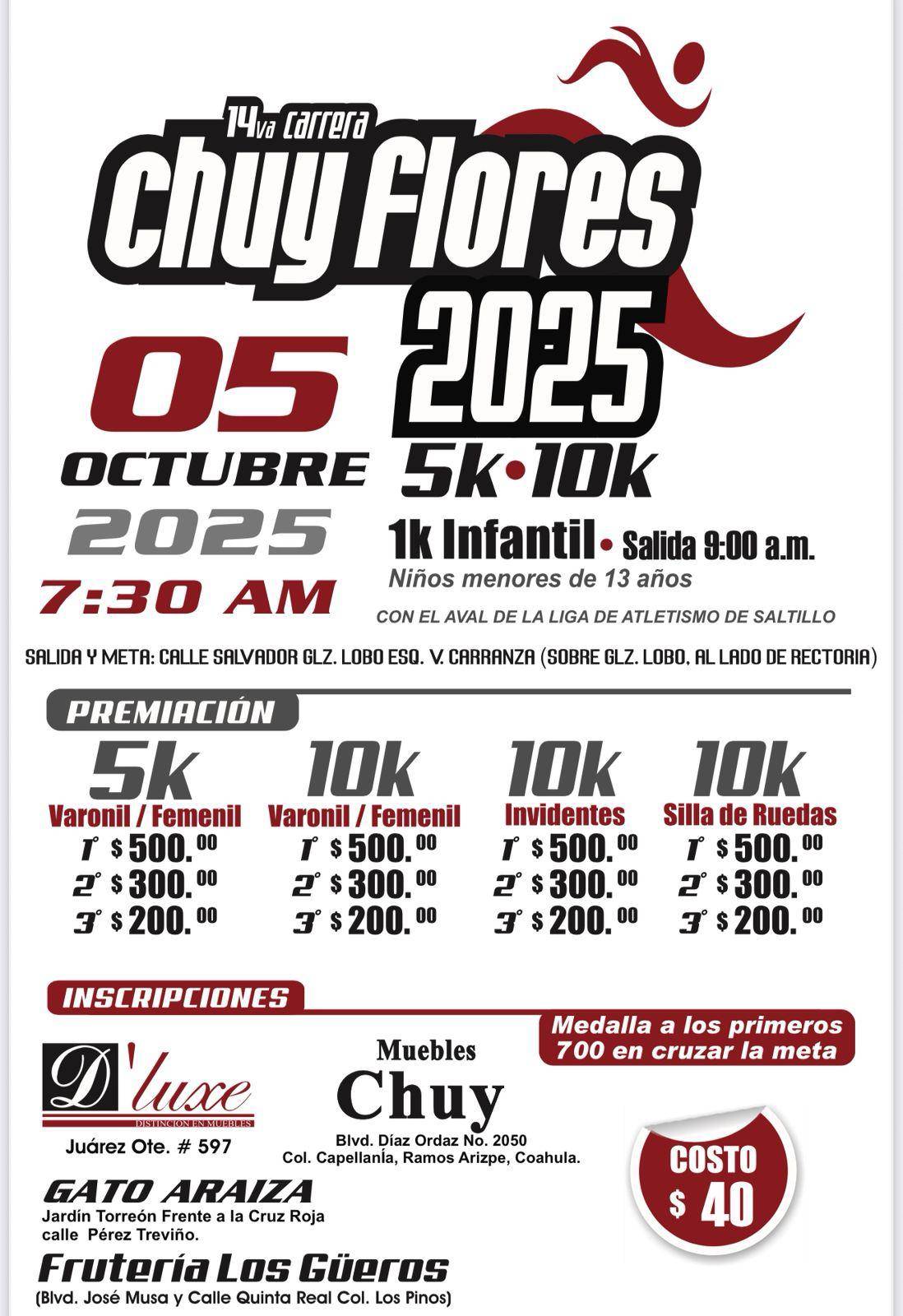 $!La 14ª edición de la Carrera “Chuy Flores” se realizará el 5 de octubre de 2025 en Saltillo, con recorridos de 5K y 10K, una carrera infantil de 1K, inscripciones accesibles de 40 pesos y categorías inclusivas para corredores invidentes y en silla de ruedas.