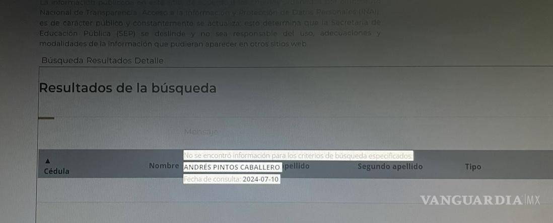 $!En esta consulta ante el registro de títulos de la SEP, no aparece el de Andrés Pintos Caballero.