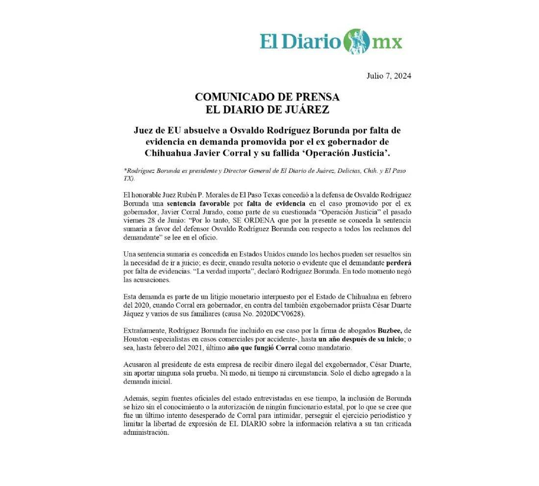 $!Javier Corral pierde demanda contra director de El Diario de Juárez