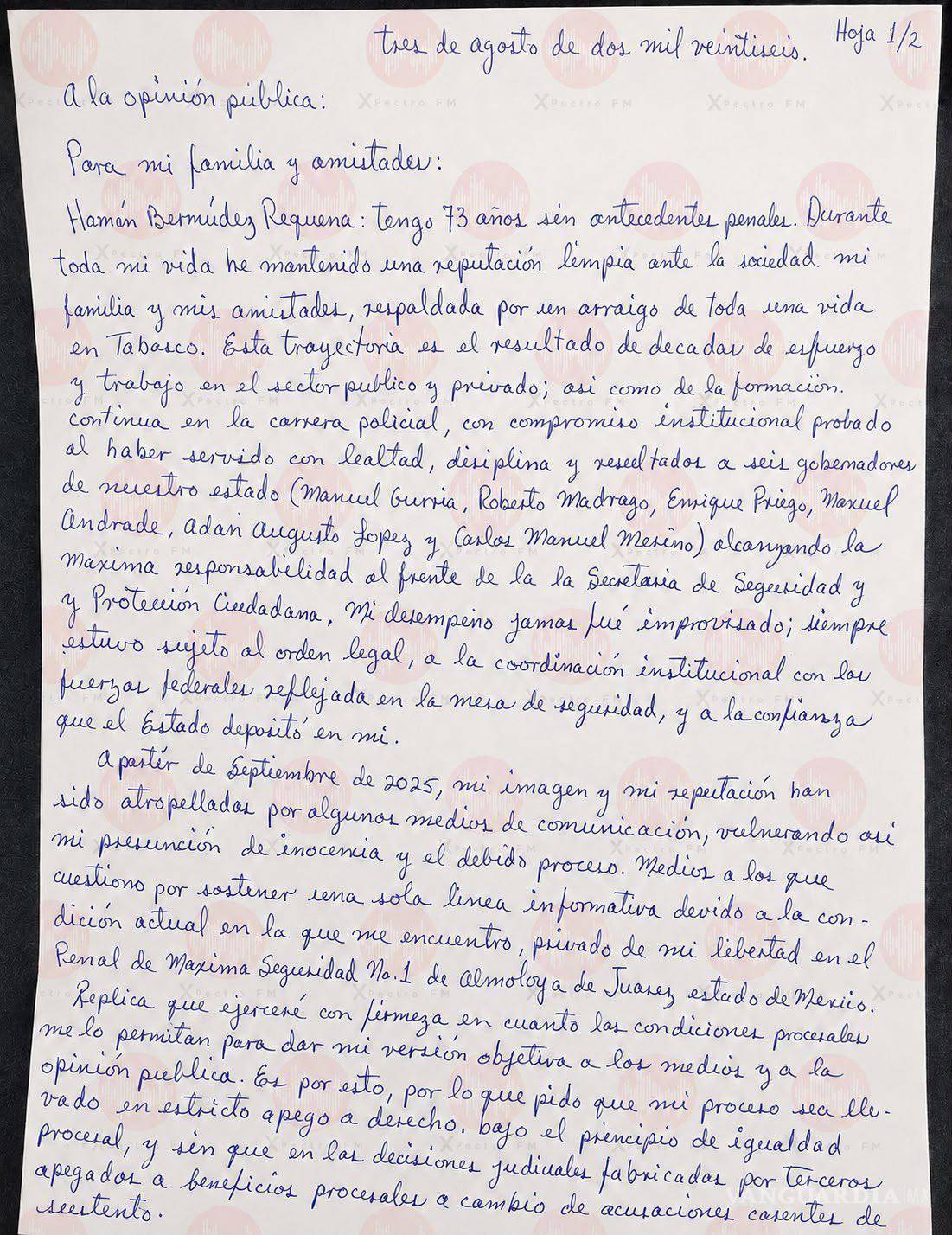 $!Hernán Bermúdez envía carta, niega vínculos con La Barredora y acusa persecución política desde El Altiplano