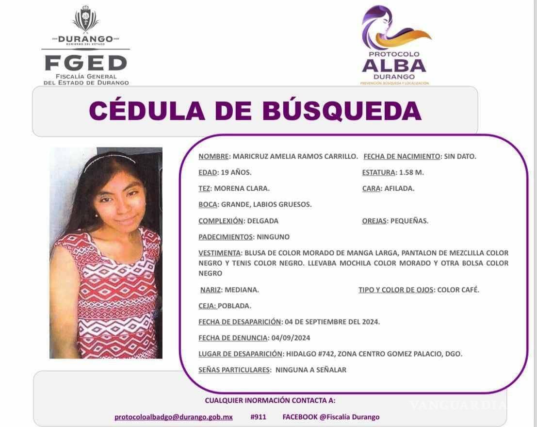 $!La ficha de búsqueda fue emitida por la Fiscalía de Durango.