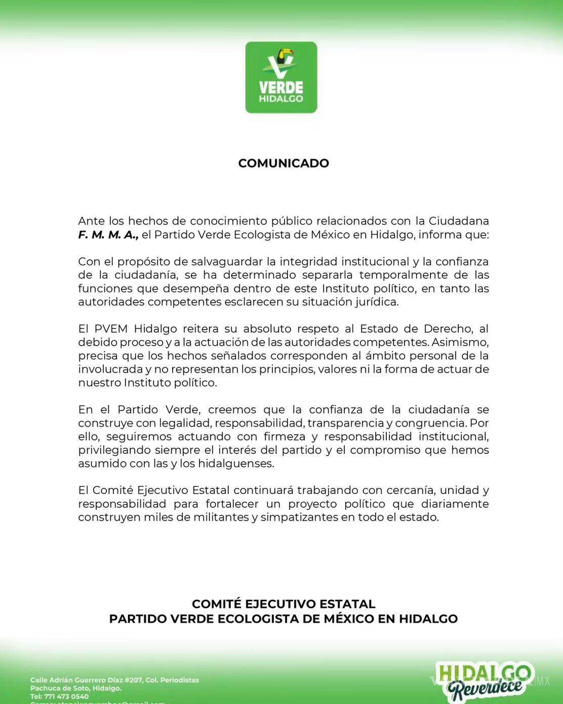 $!PVEM Hidalgo separa a Fátima “N” tras detención por presuntas detonaciones con arma de fuego en Tetepango