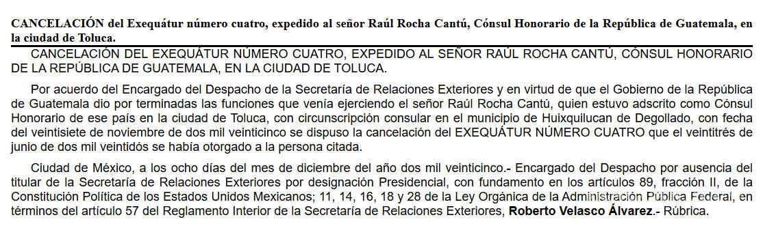 $!SRE cancela exequátur de Raúl Rocha Cantú como cónsul honorario de Guatemala en Toluca