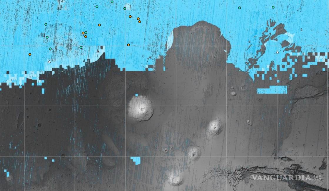 $!Un mapa de Marte, parte del el proyecto de Mapeo de Hielo de Agua Subsuperficial, que pretende ayudar a los primeros astronautas a aterrizar en el Planeta Rojo.