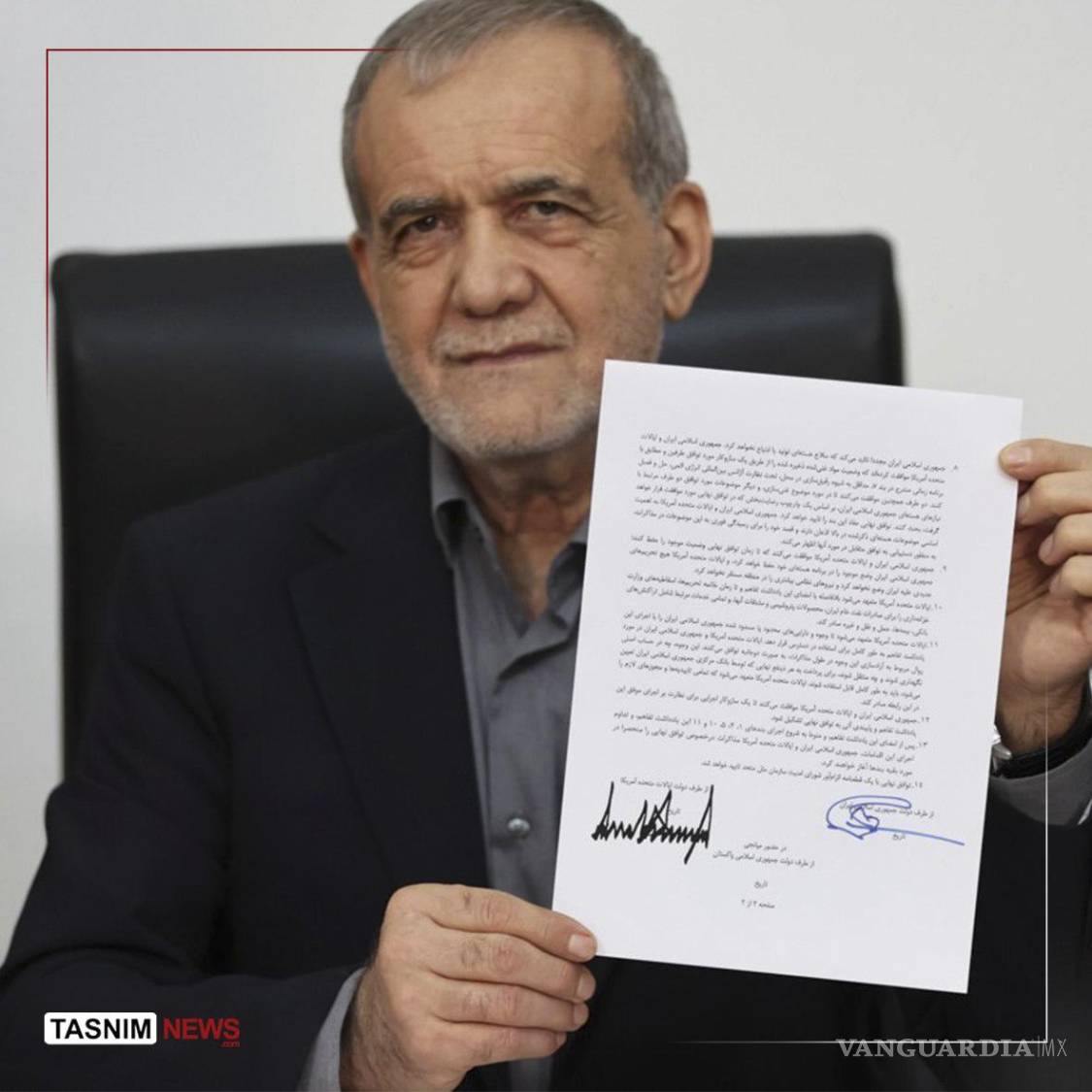 $!El presidente iraní, Masud Pezeshkian firma este jueves el memorando de entendimiento con Estados Unidos sobre el fin de la guerra impuesta contra Irán, 18 de junio de 2026, que entra en vigor de inmediato y contempla como primer paso la reapertura del estrecho de Ormuz y el levantamiento del bloqueo naval estadounidense.