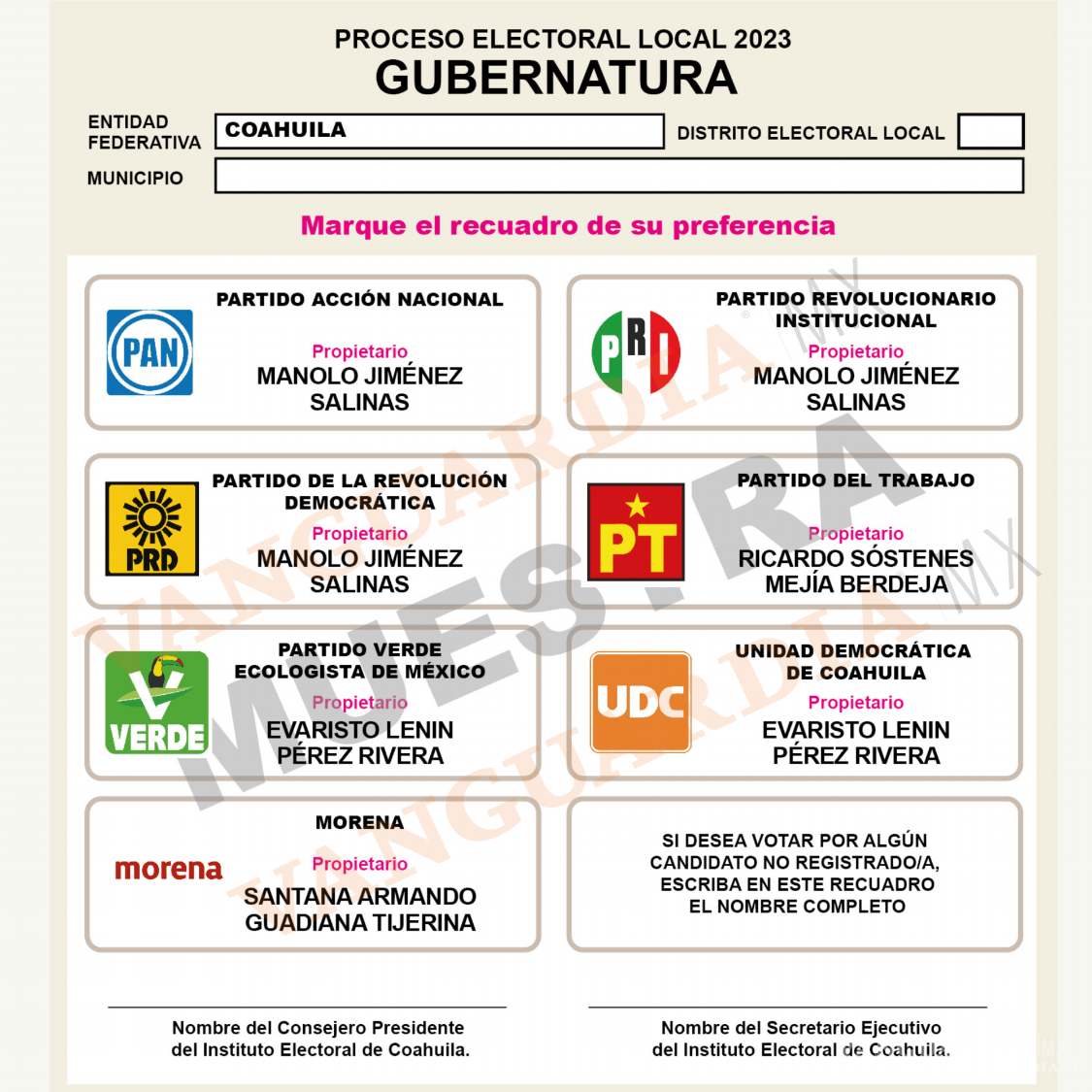 $!Una peculiaridad de la boleta que se usará el próximo 4 de junio es que los logotipos debajo de los cuales aparecerán los nombres de los candidatos Manolo Jiménez y Lenin Pérez, estarán juntos.