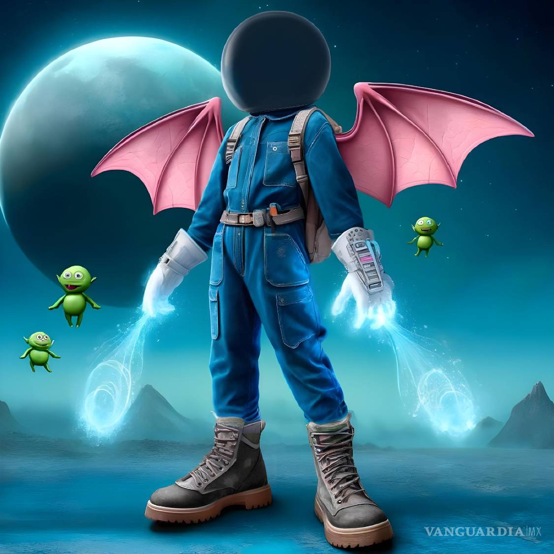 $!Pablo fue el artista más estricto. Hizo más de 10 versiones de su boceto con la inteligencia artificial y al final no quedó del todo contento. Uno de los motivos fue que no logramos hacer que las botas tuvieran propulsores visibles y también que al agregar aliens... bueno, no daban tanto miedo como deberían.