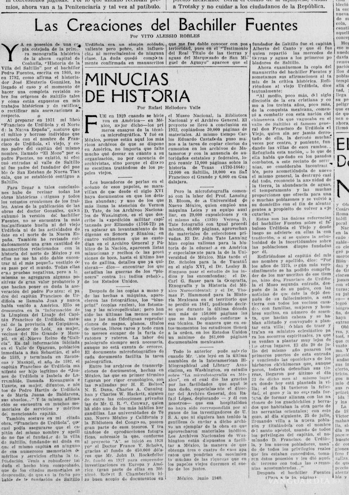 $!Plana y artículo del periódico La Opinión de Los Ángeles del 4 de julio de 1940, donde Vito Alessio Robles corrige al bachiller Fuentes.