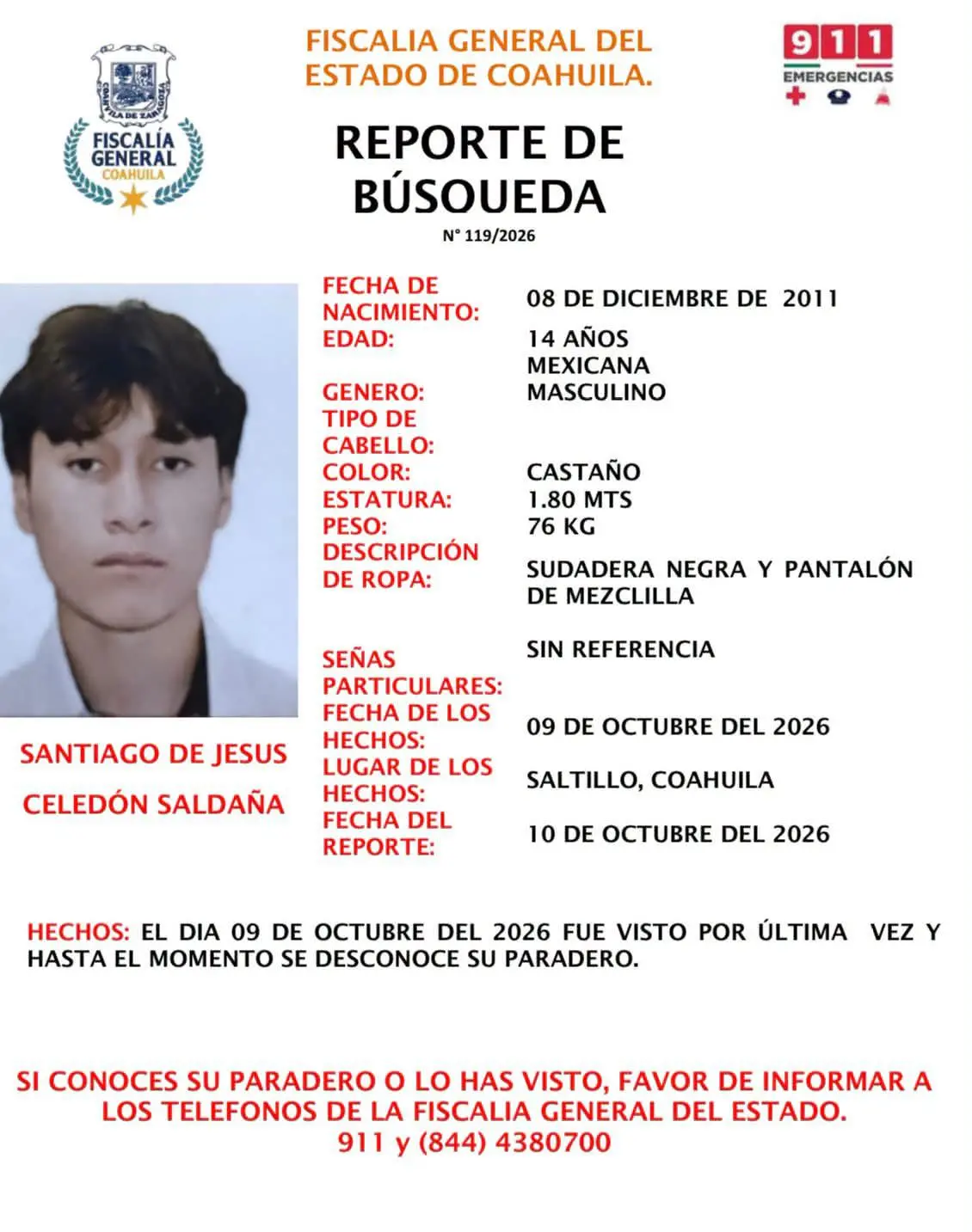 $!El adolescente de 14 años vestía sudadera negra y pantalón de mezclilla al momento de su desaparición; no cuenta con señas particulares registradas.