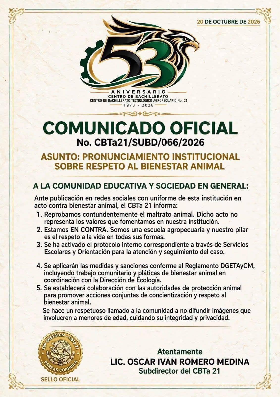 $!La institución educativa expresó su rechazo a conductas contrarias al respeto a la vida y al bienestar animal.