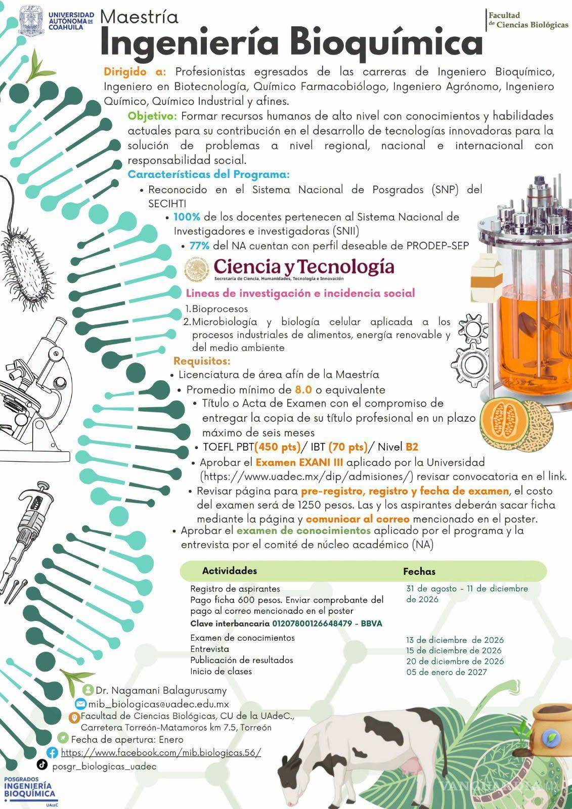 $!UAdeC abre convocatoria para Maestría en Ingeniería Bioquímica en la Unidad Laguna
