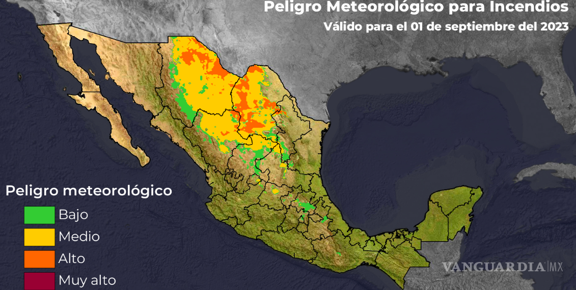 $!Así se ve el mapa de riesgo de incendios, concentrándose el mayor peligro en el norte del país.