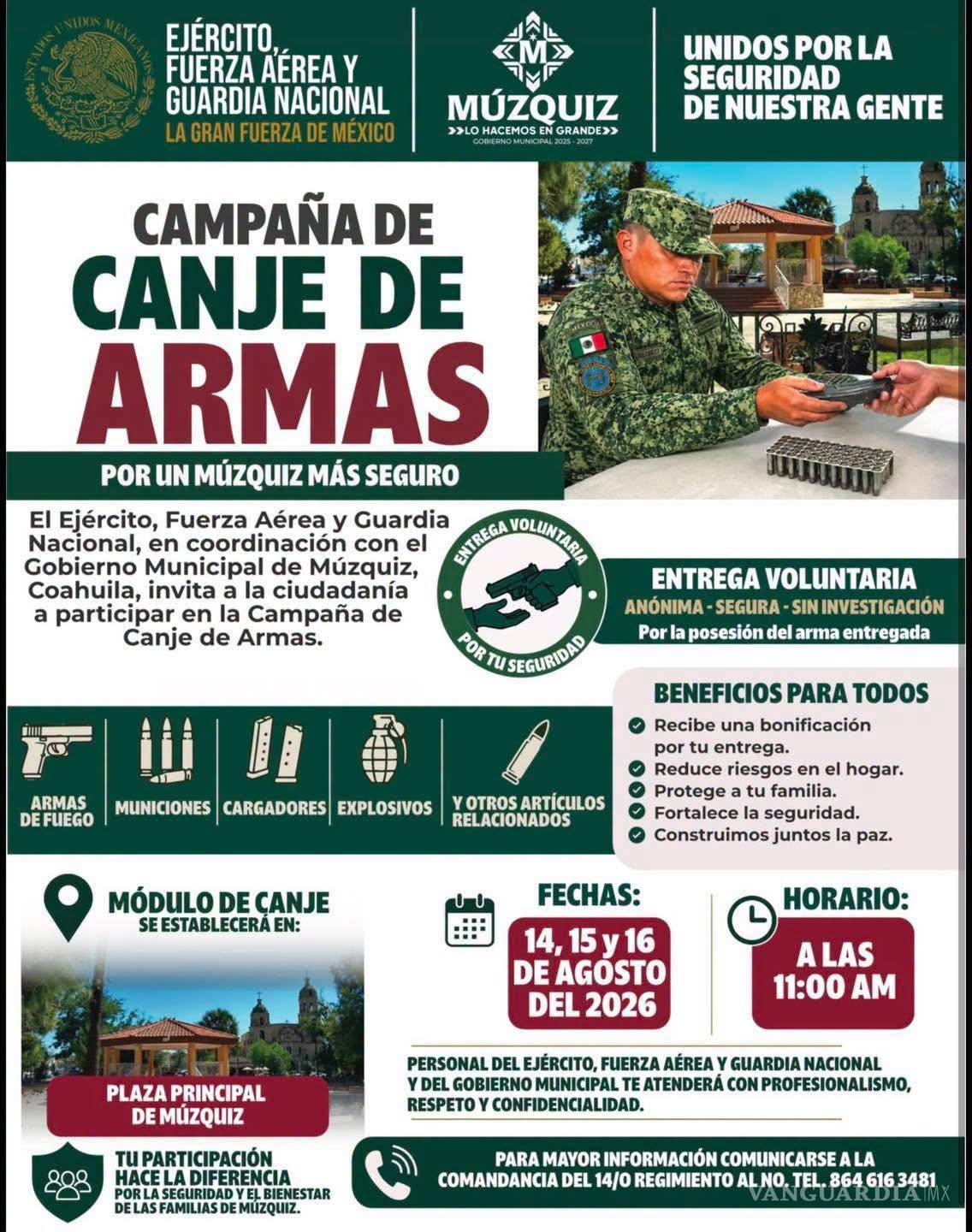 $!La Plaza Principal de Múzquiz será sede durante tres días de la campaña de canje de armas.