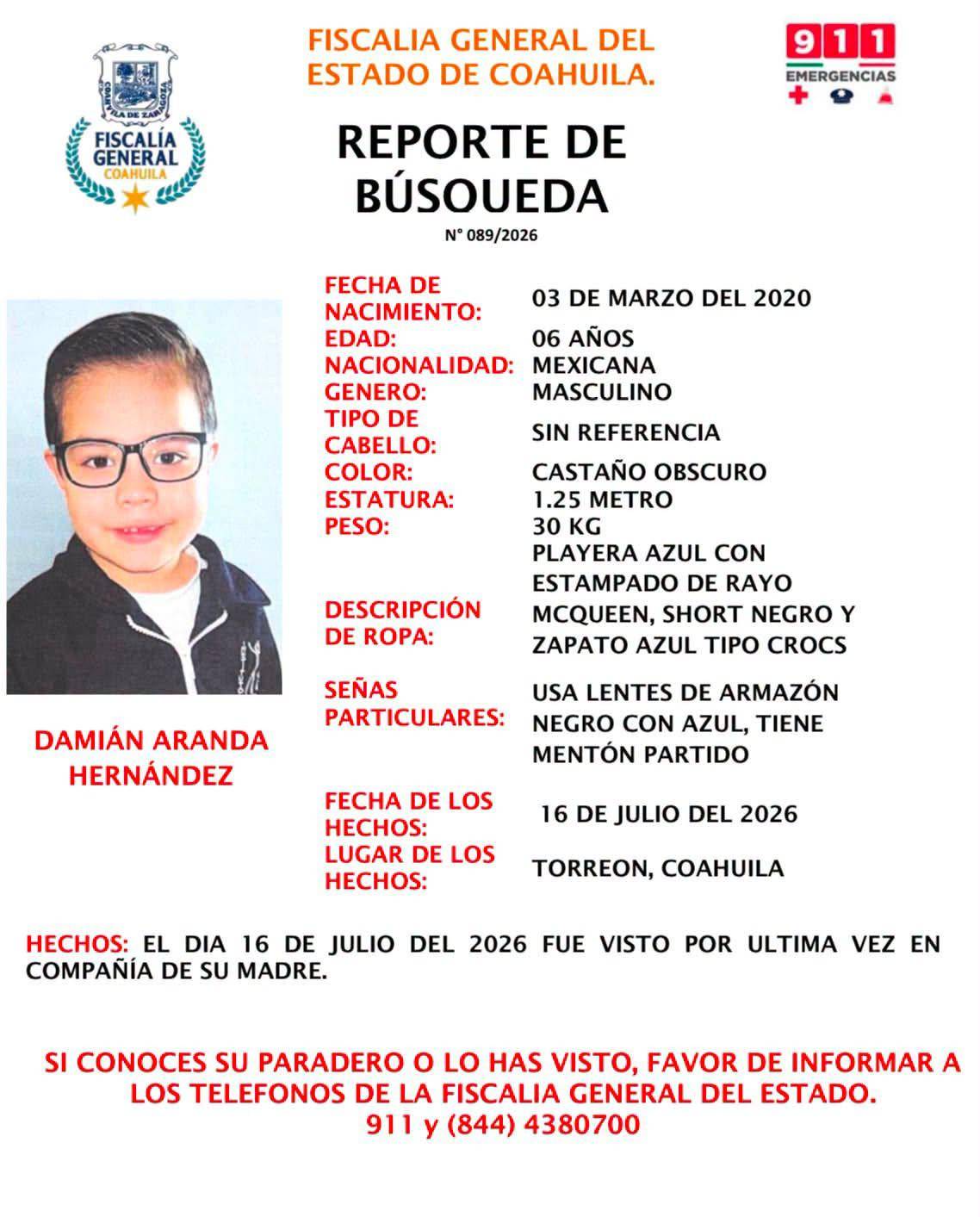 $!La Fiscalía exhortó a la población a reportar cualquier información que ayude a localizar al menor.