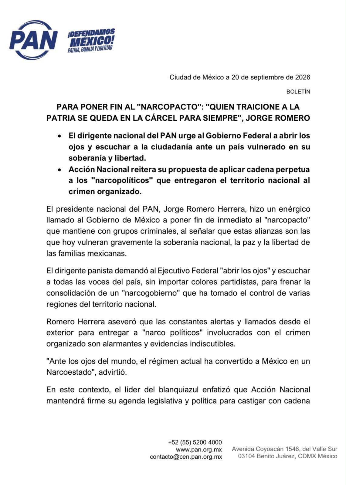 $!PAN acusa a Claudia Sheinbaum de mantener “narcopacto” y convertir a México en narcoestado