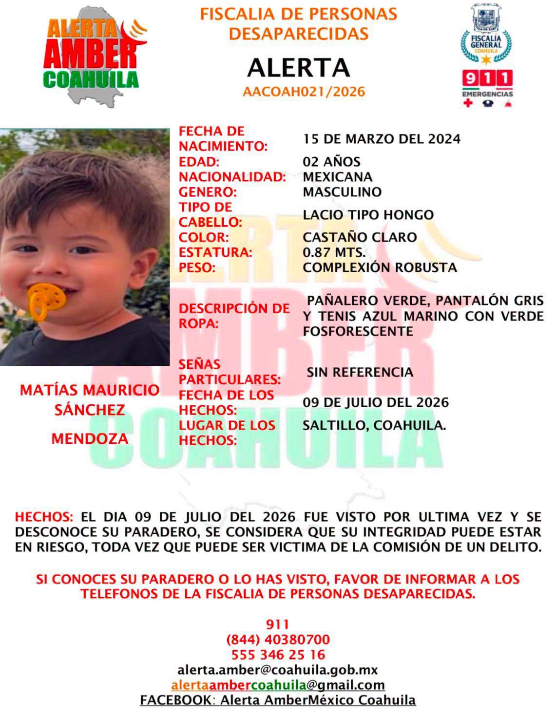 $!Matías Mauricio Sánchez Mendoza fue visto por última vez el 9 de julio en Saltillo, de acuerdo con la ficha de búsqueda.