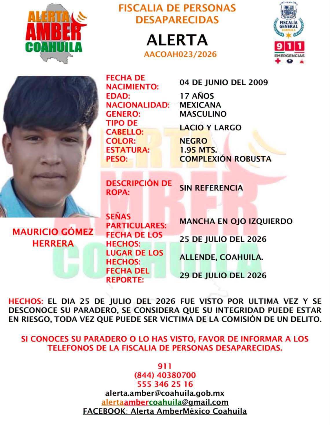 $!La Fiscalía difundió la ficha de Alerta Amber y pidió a la ciudadanía compartirla para ayudar en la localización del adolescente.