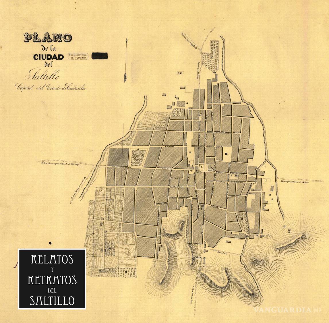 $!Plano de la ciudad realizado en 1835, donde se muestran los principales cauces de agua de Saltillo.