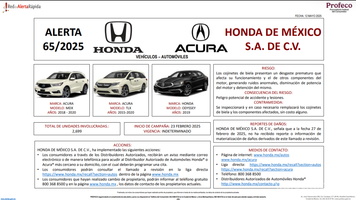 $!Profeco y Honda llaman a revisión a más de 2,500 autos en México por falla en asientos que comprometen el motor