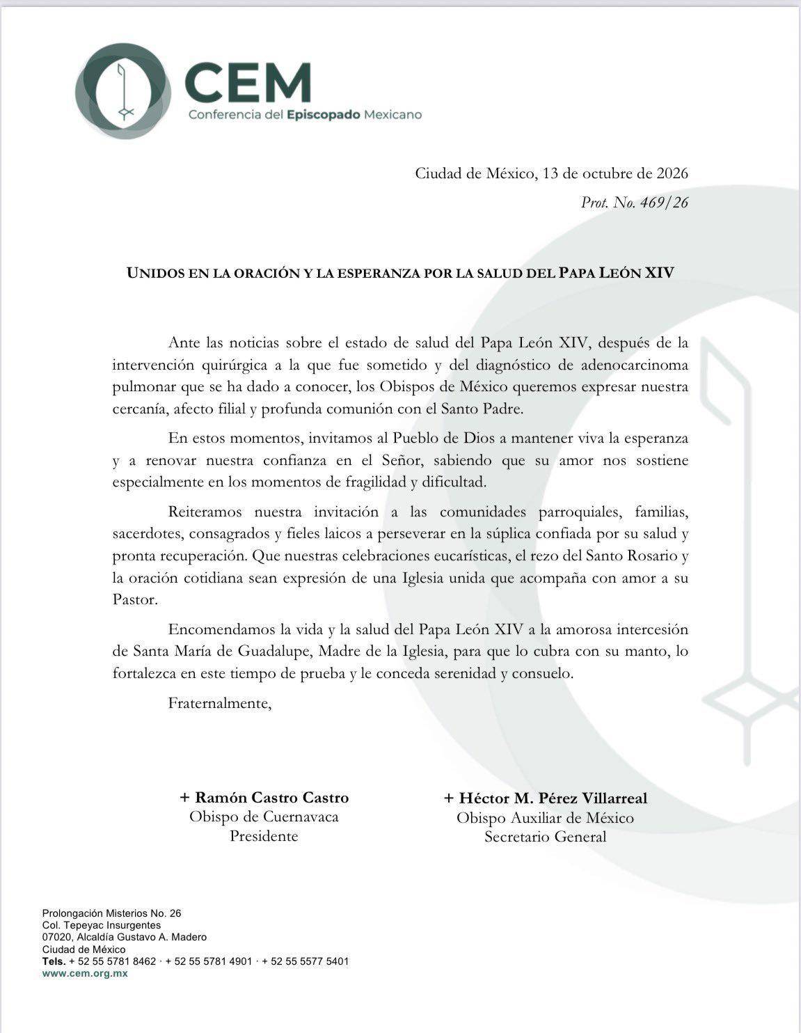 $!CEM pide mantener oraciones por el Papa León XIV tras su operación de cáncer.