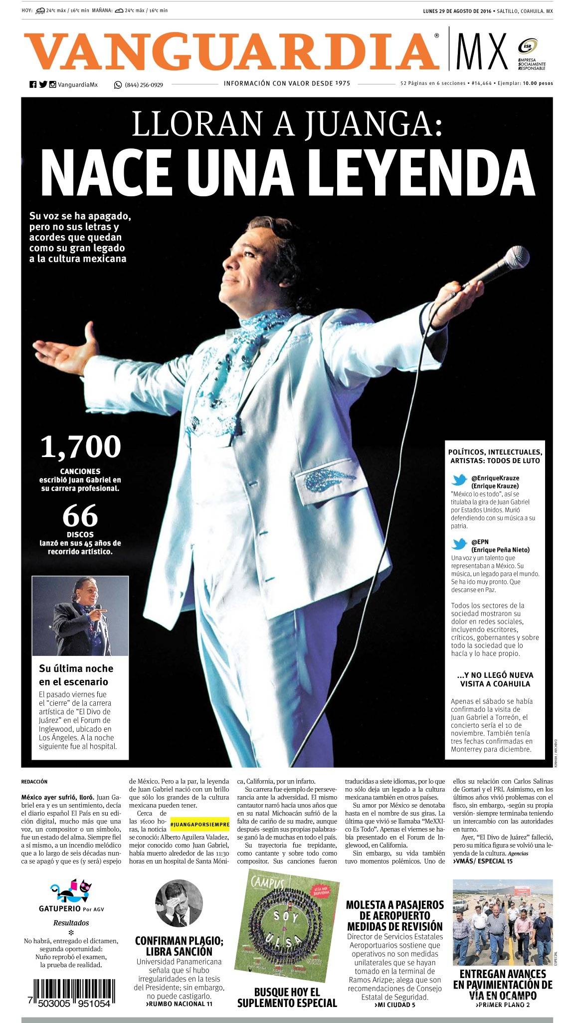 $!Así despidieron los periódicos del mundo a Juan Gabriel