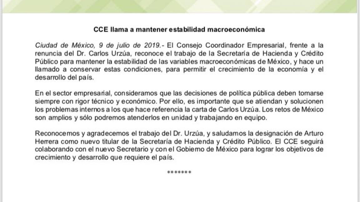 $!CCE pide cuidar estabilidad económica, tras renuncia de Carlos Urzúa