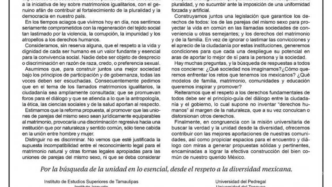 $!Matrimonios igualitarios discriminan a la familia: universidades católicas de México